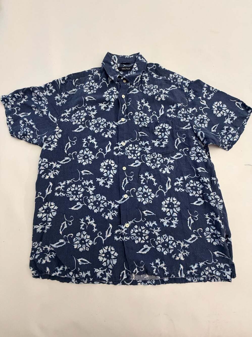 Nautica Navy Floral Hawaiian Shirt L Linen Blend Y2K Beach Cozy